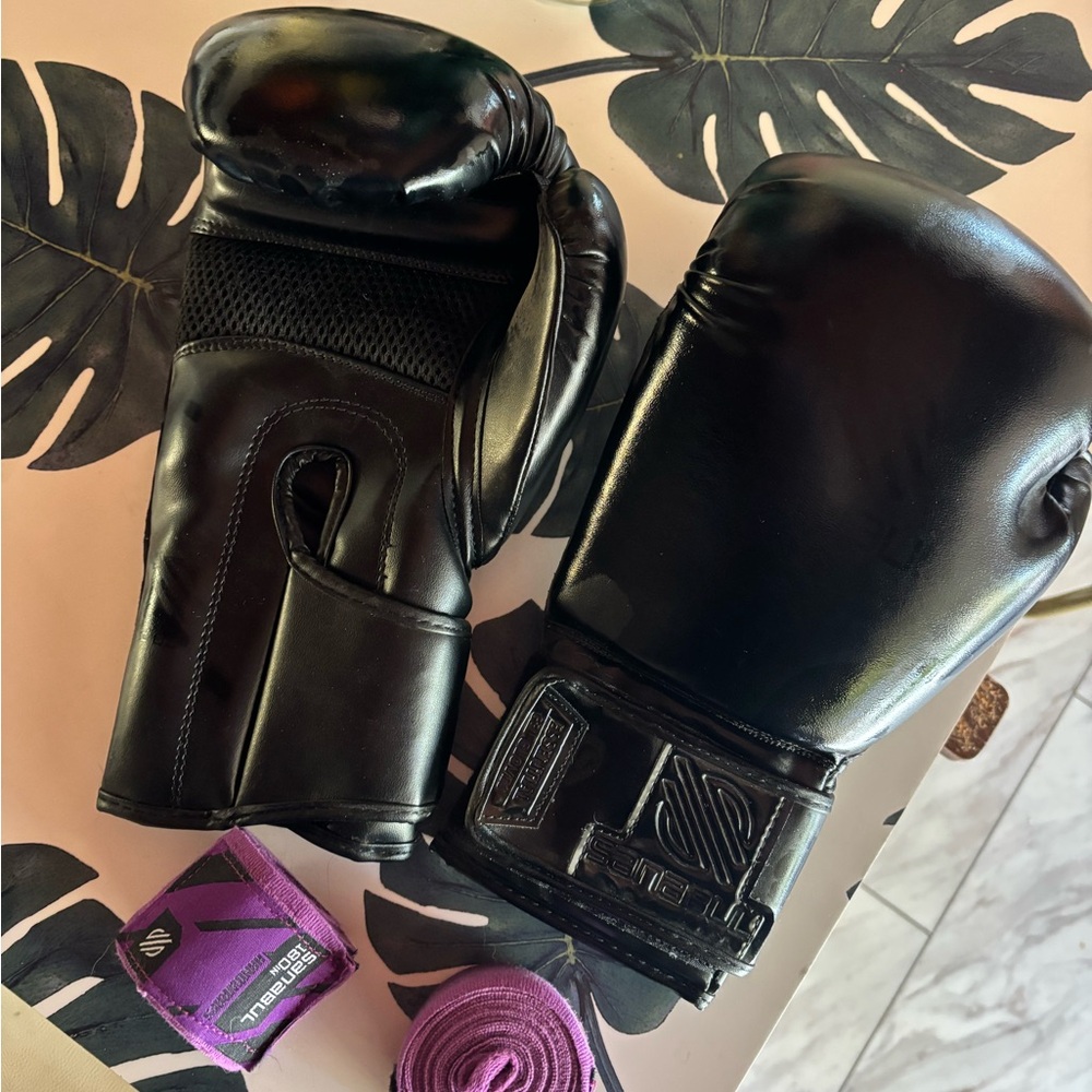 Black Boxing Gloves—12oz, with Purple Hand Wraps—New, Never Used